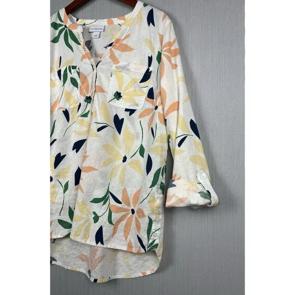 Liz Claiborne Linen Blend Tunic TopSplit Neck Colorful Floral Roll Tab Sleeves L - Picture 8 of 10